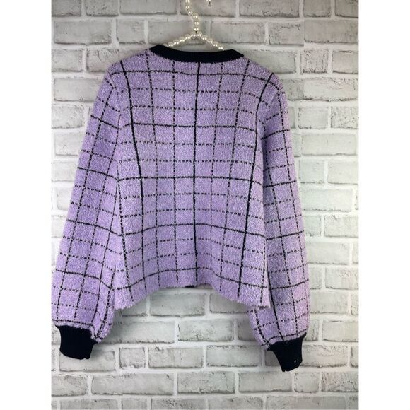 New Express Plaid Sweater Jacket Lavender Black with Gold Buttons - Picture 3 of 10